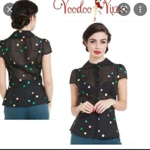 Voodoo Vixen Dotty Semi Sheer Button Down Blouse